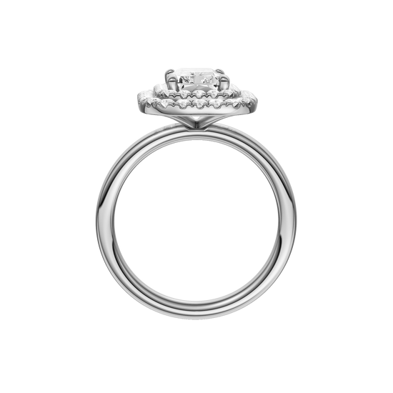 A profile view of the Radiant cut diamond engagement ring in platinum  with a plain band and solitaire setting