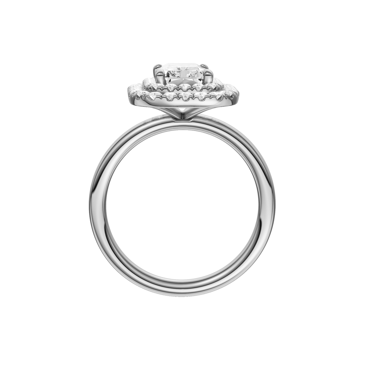 A profile view of the Radiant cut diamond engagement ring in 14k white gold with a plain band and solitaire setting