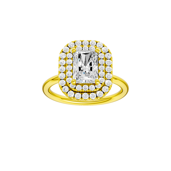 A front view of the Radiant cut diamond engagement ring in 14k yellow gold with a plain band and solitaire setting