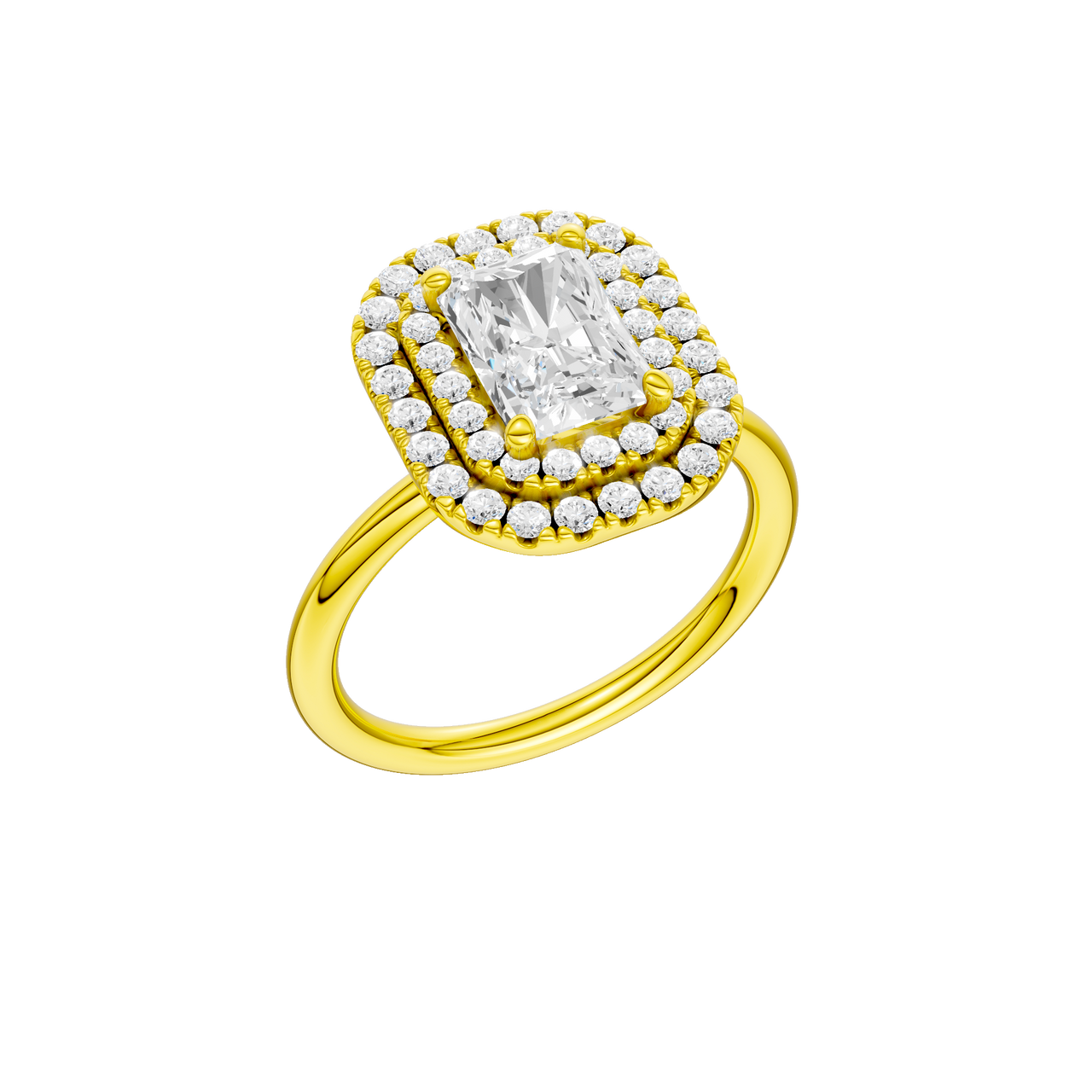 A three-quarter view of the Radiant cut diamond engagement ring in 14k yellow gold with a plain band and solitaire setting