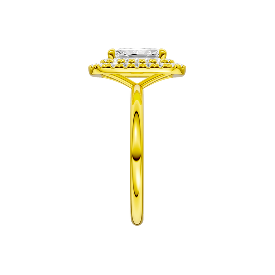 A side view of the Radiant cut diamond engagement ring in 14k yellow gold with a plain band and solitaire setting
