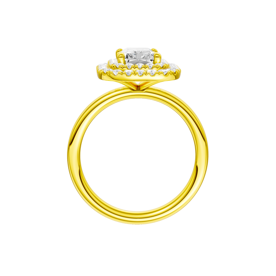 A profile view of the Radiant cut diamond engagement ring in 14k yellow gold with a plain band and solitaire setting