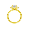 A profile view of the Radiant cut diamond engagement ring in 14k yellow gold with a plain band and solitaire setting