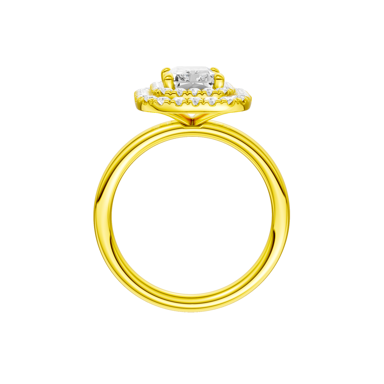 A profile view of the Radiant cut diamond engagement ring in 14k yellow gold with a plain band and solitaire setting