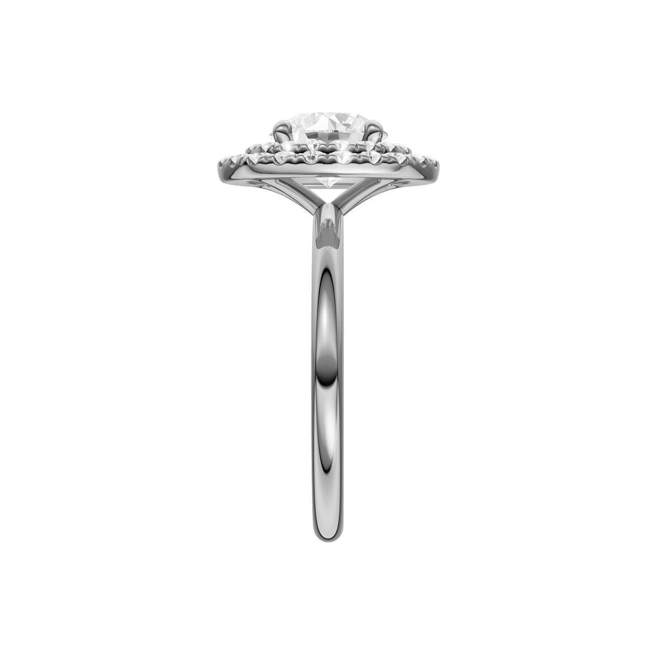 A side view of the Round cut diamond engagement ring in platinum with a plain band and solitaire setting