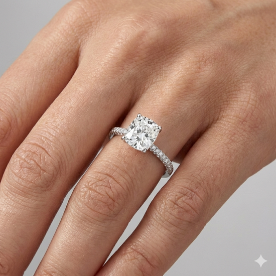 Elongated Cushion cut diamond engagement ring in 14k white gold with a pavé diamond band and cathedral setting on a hand.