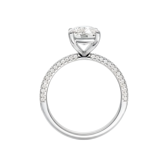 A profile view of the Elongated Cushion cut diamond engagement ring in 14k white gold with a pavé diamond band and cathedral setting