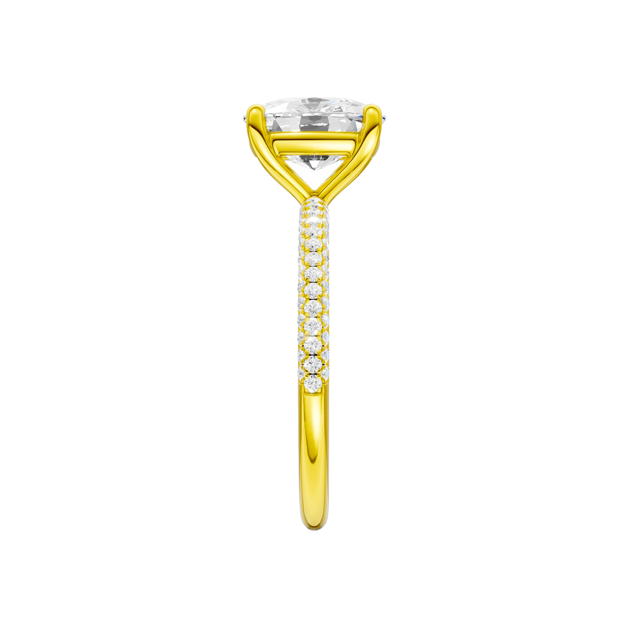 A side view of the Elongated Cushion cut diamond engagement ring in 14k yellow gold with a pavé diamond band and cathedral setting