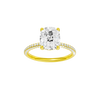 A front view of the Elongated Cushion cut diamond engagement ring in 14k yellow gold with a pavé diamond band and cathedral setting