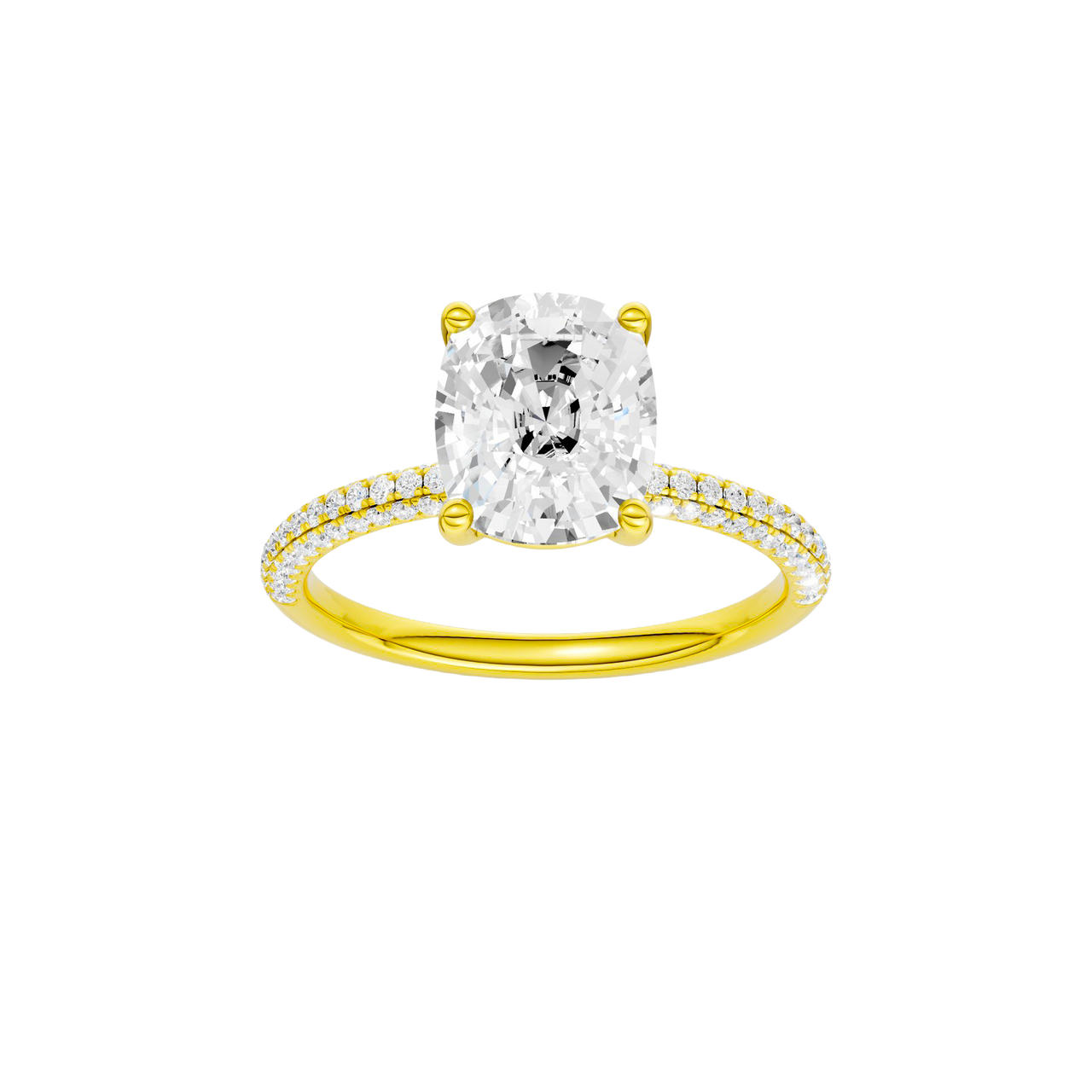 A front view of the Elongated Cushion cut diamond engagement ring in 14k yellow gold with a pavé diamond band and cathedral setting
