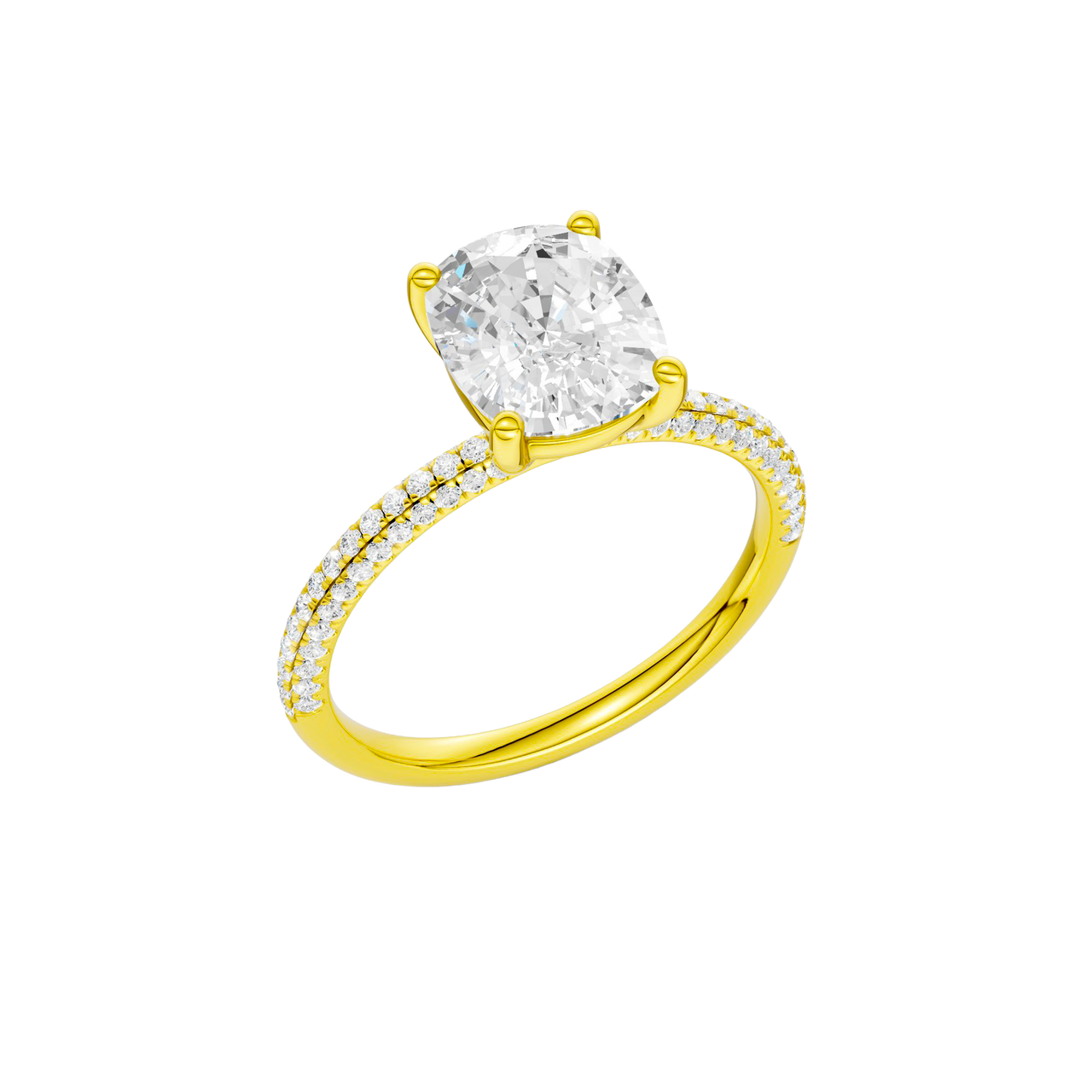 A three-quarter view of the Elongated Cushion cut diamond engagement ring in 14k yellow gold with a pavé diamond band and cathedral setting