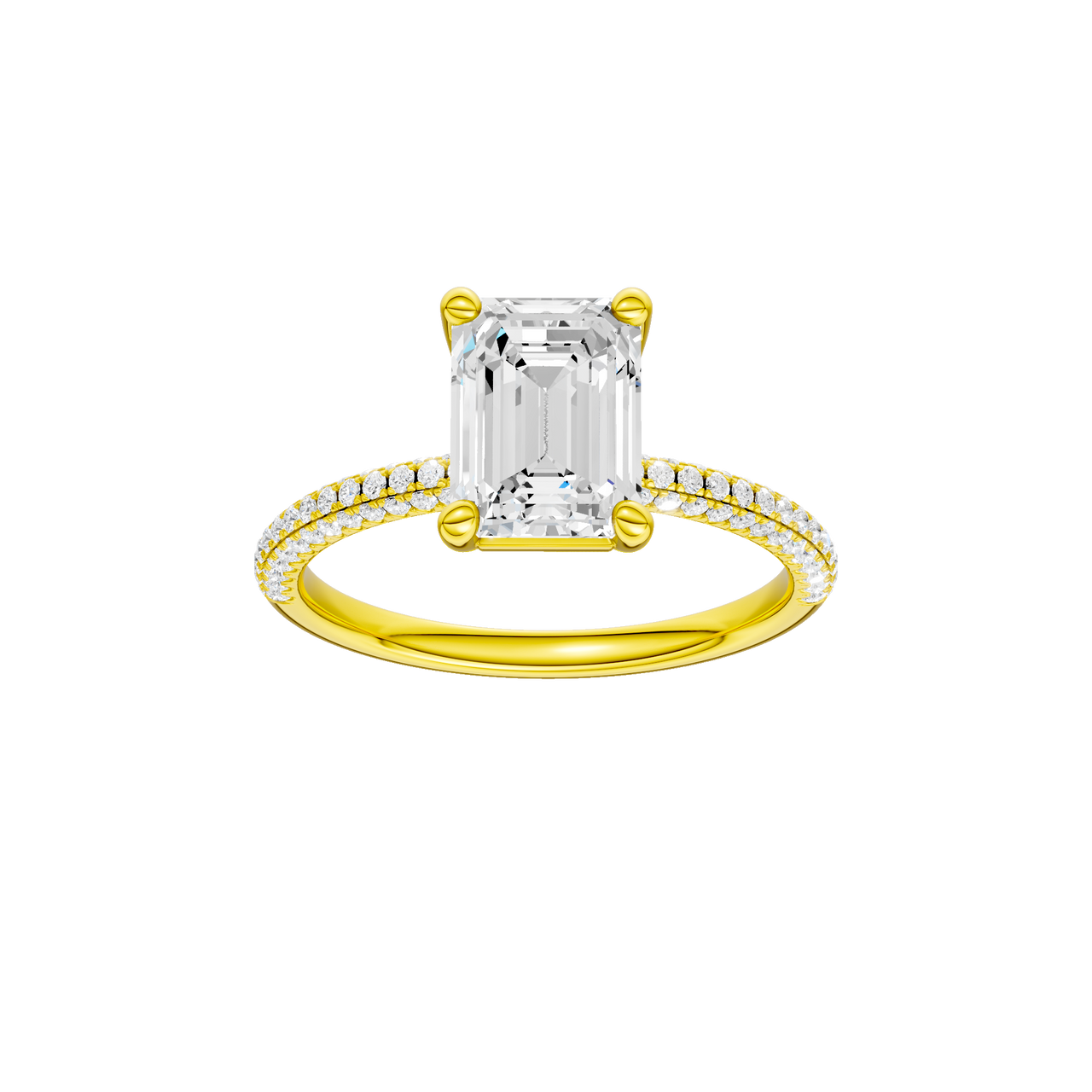 A front view of the Emerald cut diamond engagement ring in 14k yellow gold with a pavé diamond band and cathedral setting
