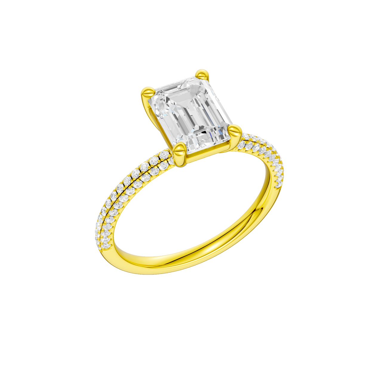 A three-quarter view of the Emerald cut diamond engagement ring in 14k yellow gold with a pavé diamond band and cathedral setting