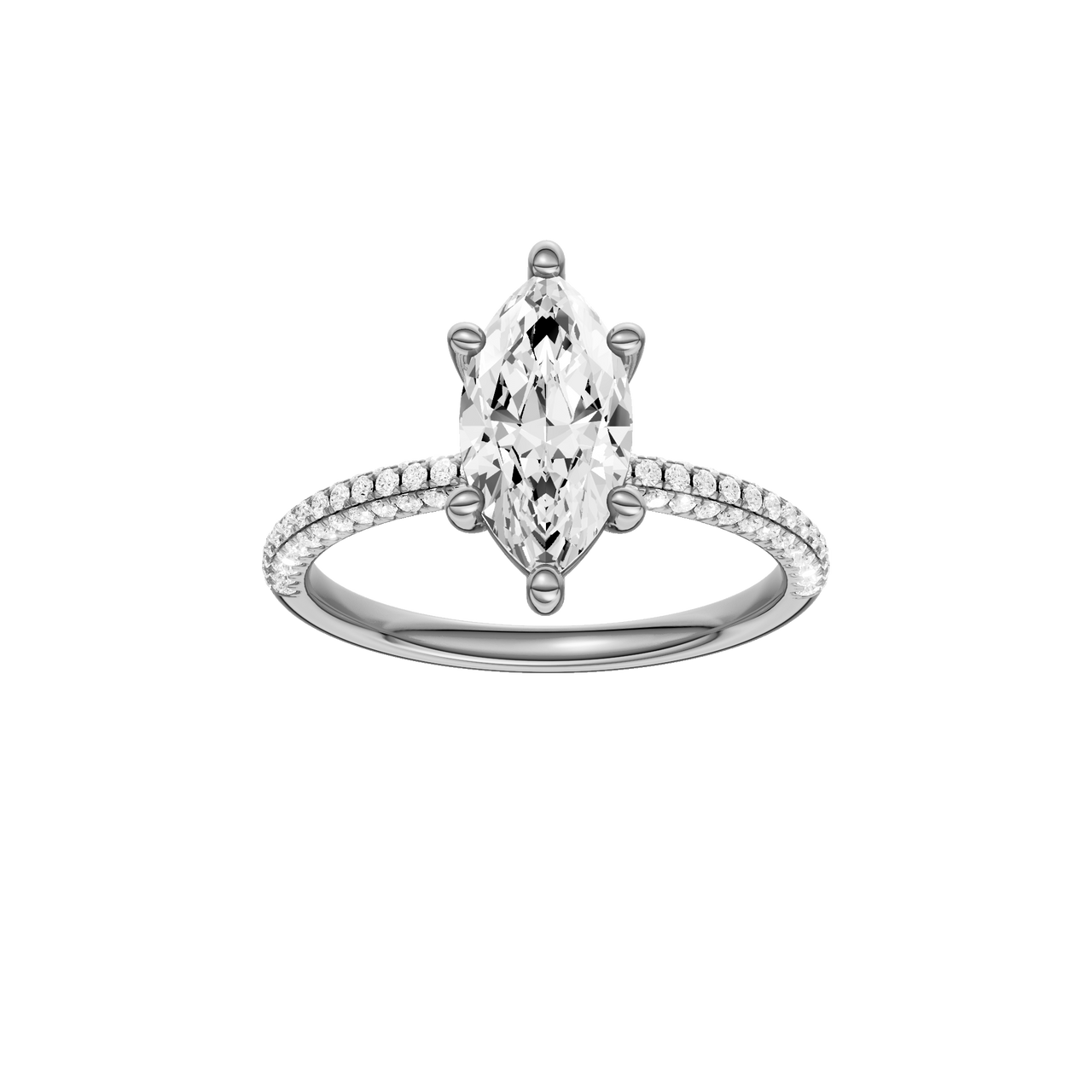 A front view of the Marquise cut diamond engagement ring in platinum with a pavé diamond band and cathedral setting