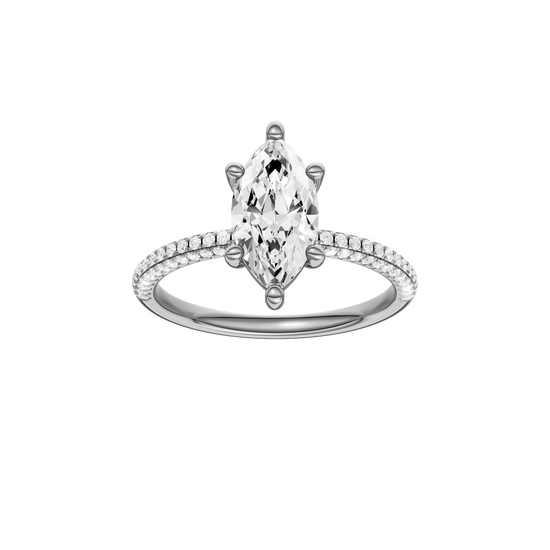 A front view of the Marquise cut diamond engagement ring in 14k white gold with a pavé diamond band and cathedral setting