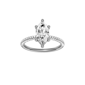 A front view of the Marquise cut diamond engagement ring in 14k white gold with a pavé diamond band and cathedral setting