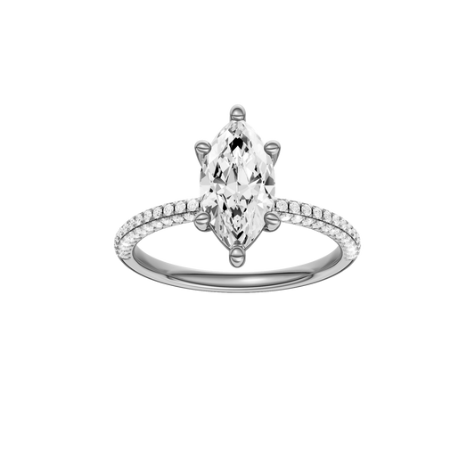 A front view of the Marquise cut diamond engagement ring in 14k white gold with a pavé diamond band and cathedral setting