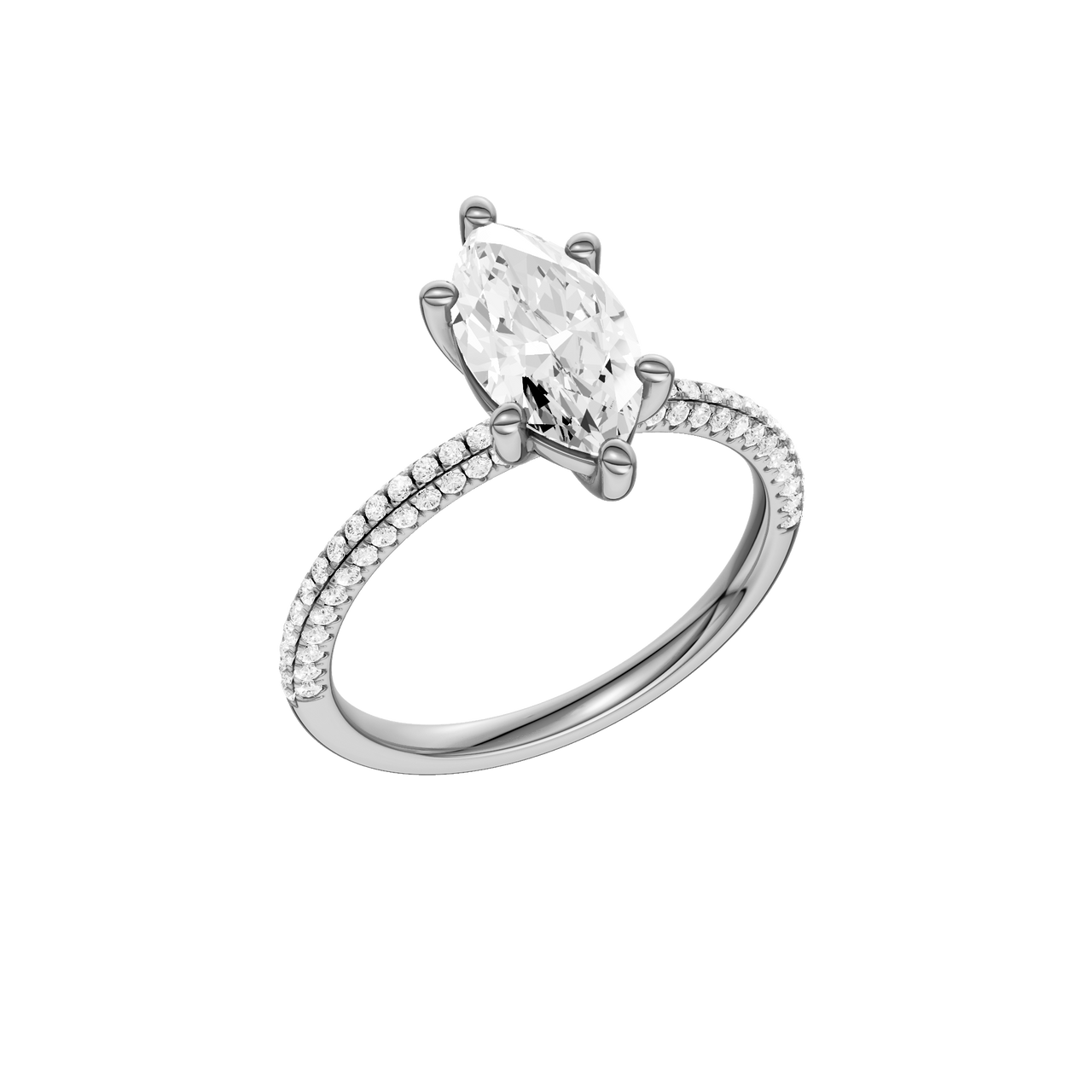 A three-quarter view of the Marquise cut diamond engagement ring in 14k white gold with a pavé diamond band and cathedral setting