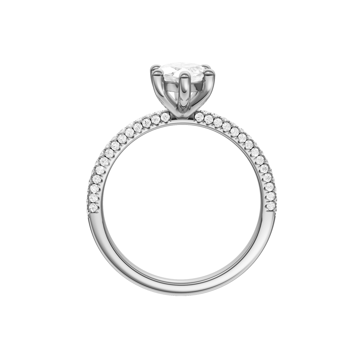 A profile view of the Marquise cut diamond engagement ring in platinum with a pavé diamond band and cathedral setting