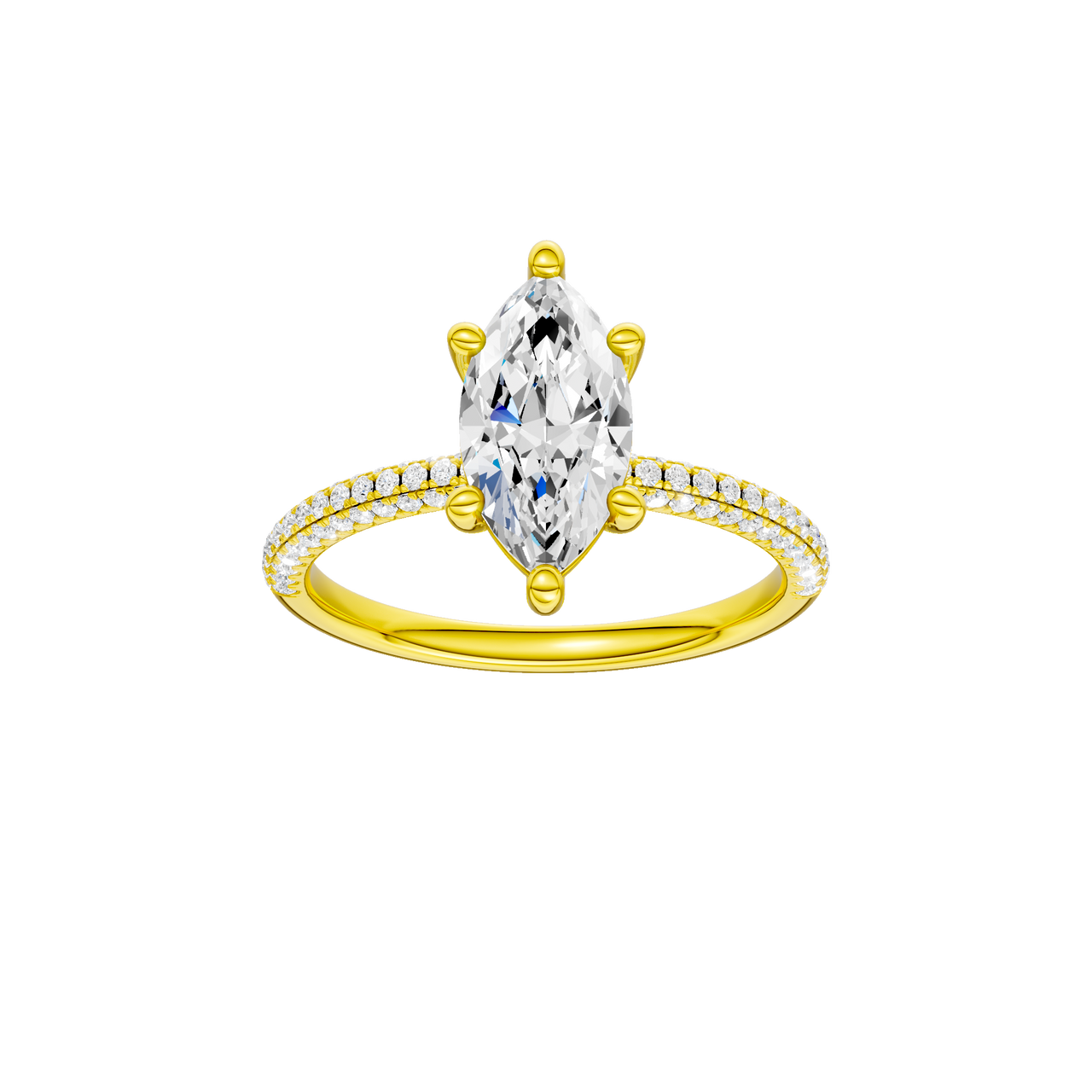 A front view of the Marquise cut diamond engagement ring in 14k yellow gold with a pavé diamond band and cathedral setting