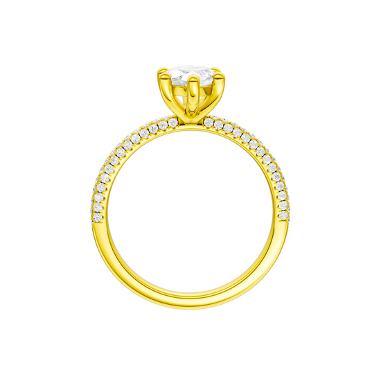 A profile view of the Marquise cut diamond engagement ring in 14k yellow gold with a pavé diamond band and cathedral setting
