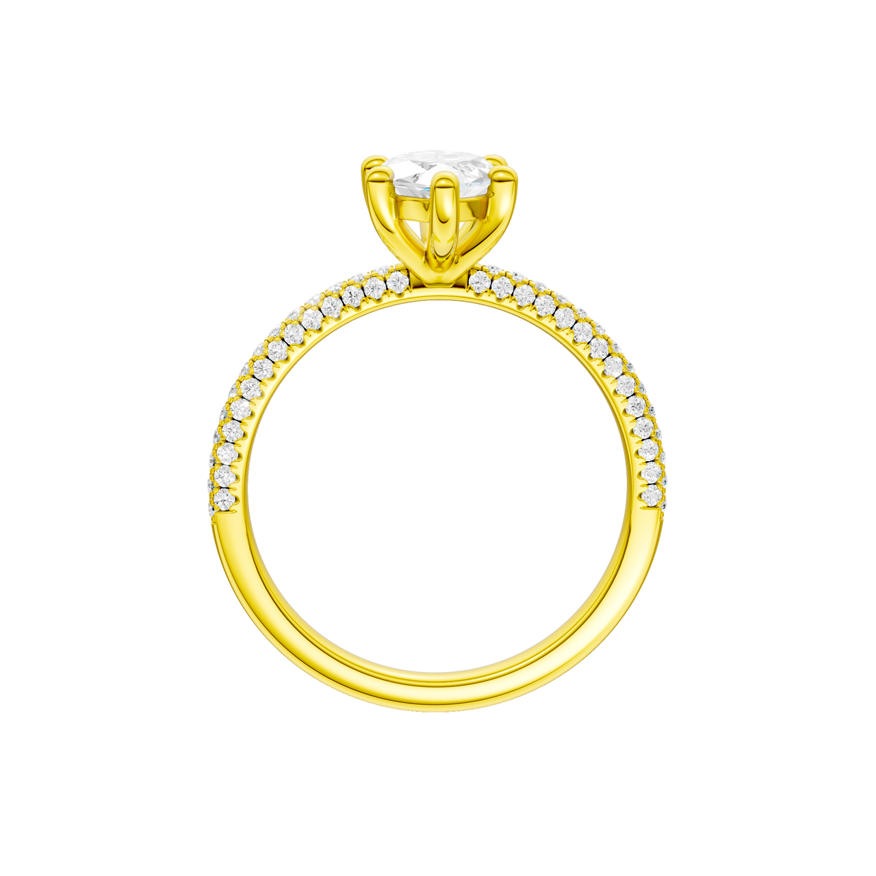 A profile view of the Marquise cut diamond engagement ring in 14k yellow gold with a pavé diamond band and cathedral setting