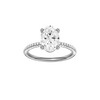 A front view of the oval cut diamond engagement ring in 14k white gold with a pavé diamond band and cathedral setting