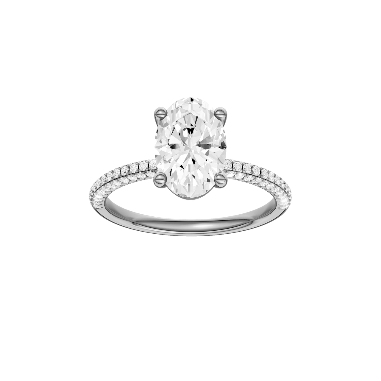 A front view of the oval cut diamond engagement ring in platinum with a pavé diamond band and cathedral setting