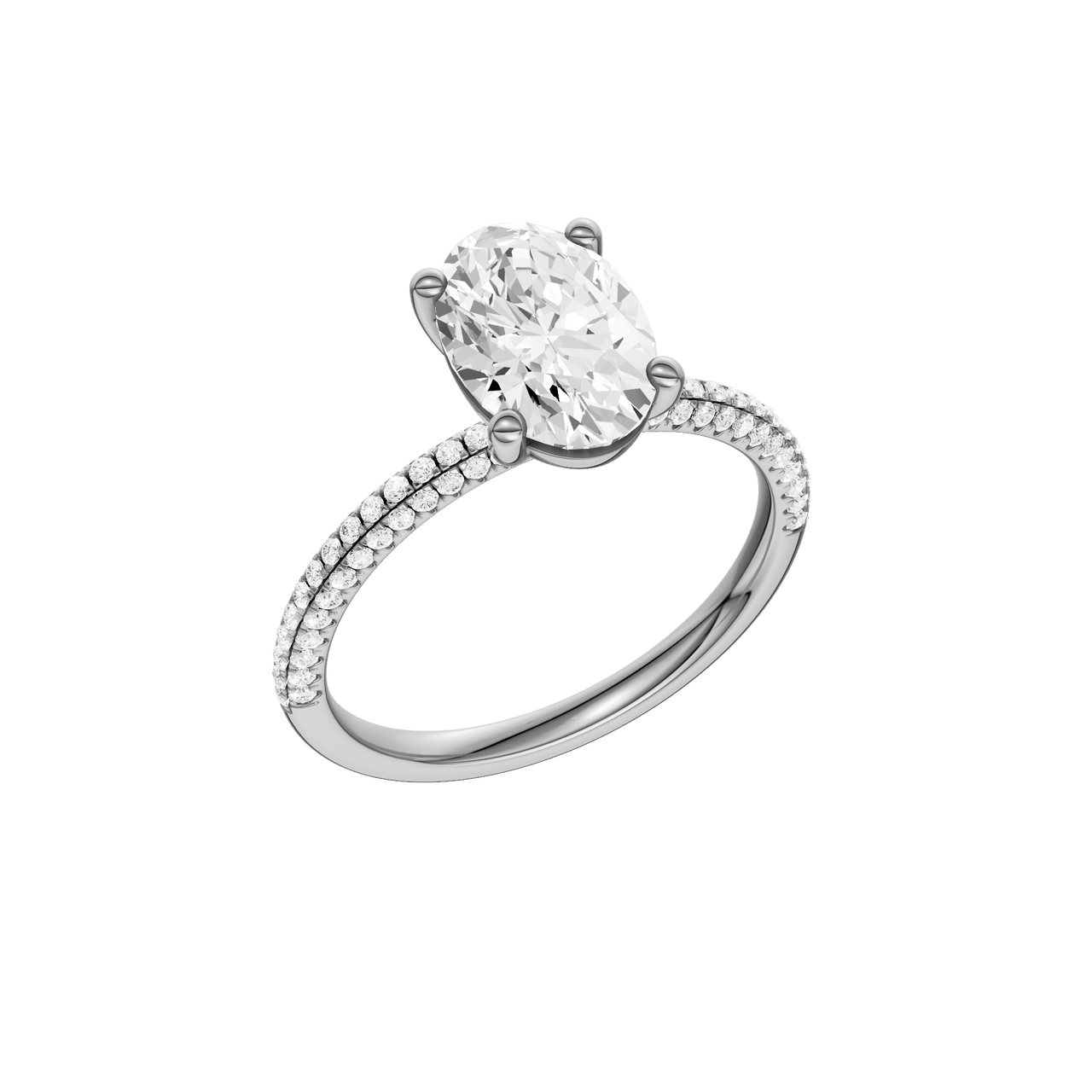 A three-quarter view of the oval cut diamond engagement ring in platinum with a pavé diamond band and cathedral setting