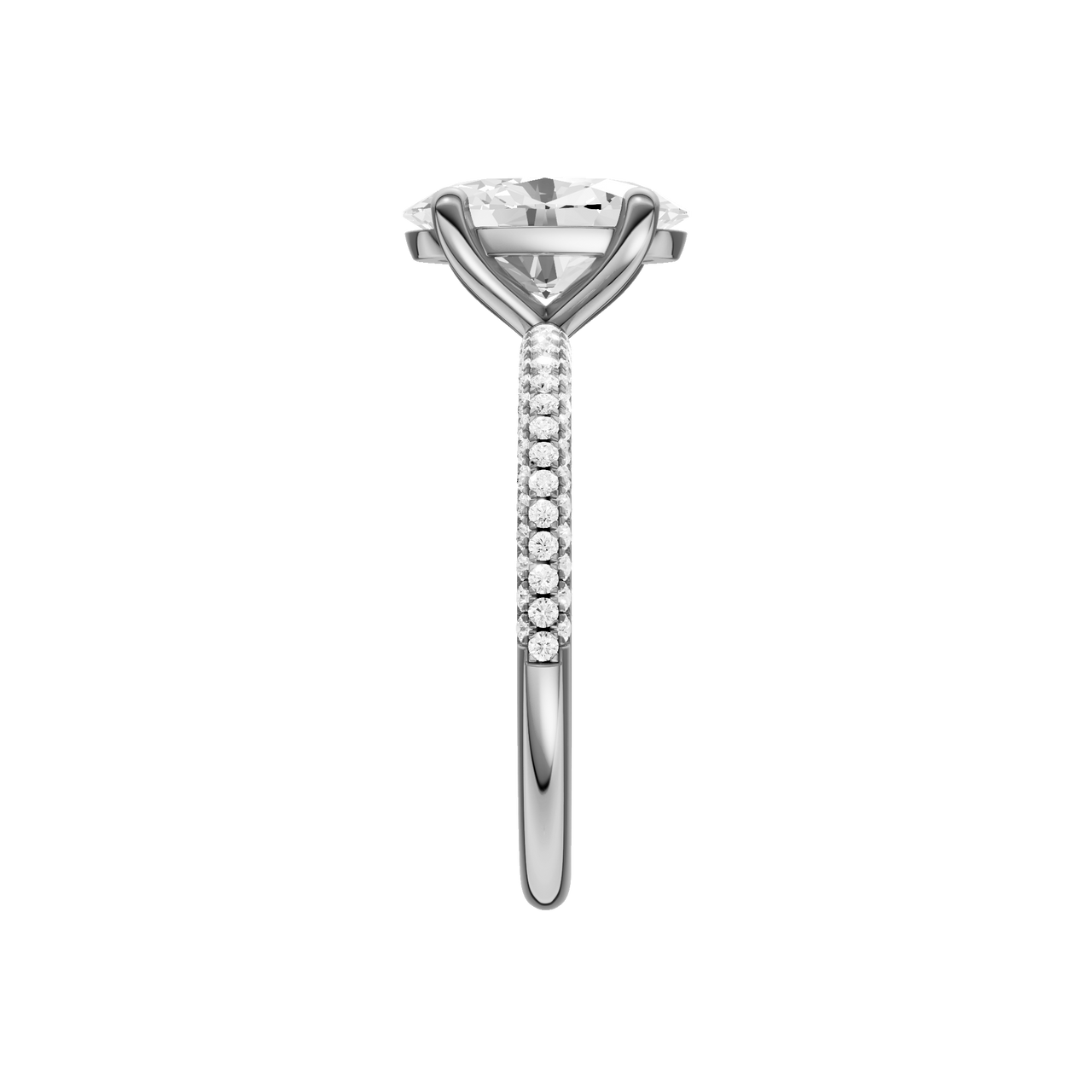A side view of the oval cut diamond engagement ring in 14k white gold with a pavé diamond band and cathedral setting
