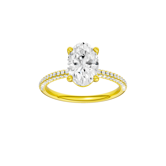 A front view of the oval cut diamond engagement ring in 14k yellow gold with a pavé diamond band and cathedral setting