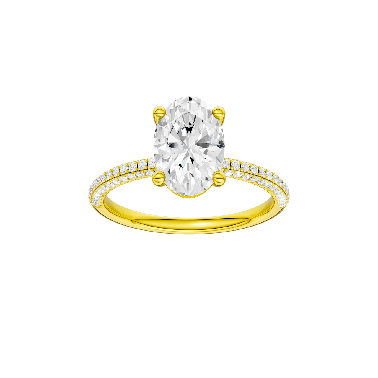 A front view of the oval cut diamond engagement ring in 14k yellow gold with a pavé diamond band and cathedral setting