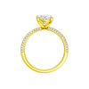 A profile view of the oval cut diamond engagement ring in 14k yellow gold with a pavé diamond band and cathedral setting