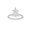 A front view of the Pear cut diamond engagement ring in platinum with a pavé diamond band and cathedral setting