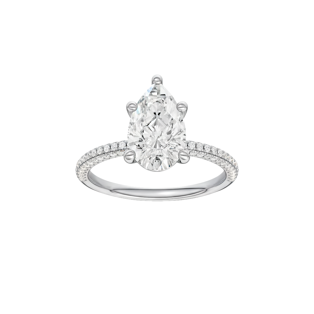 A front view of the Pear cut diamond engagement ring in 14k white gold with a pavé diamond band and cathedral setting