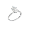 A three-quarter view of the Pear cut diamond engagement ring in platinum with a pavé diamond band and cathedral setting