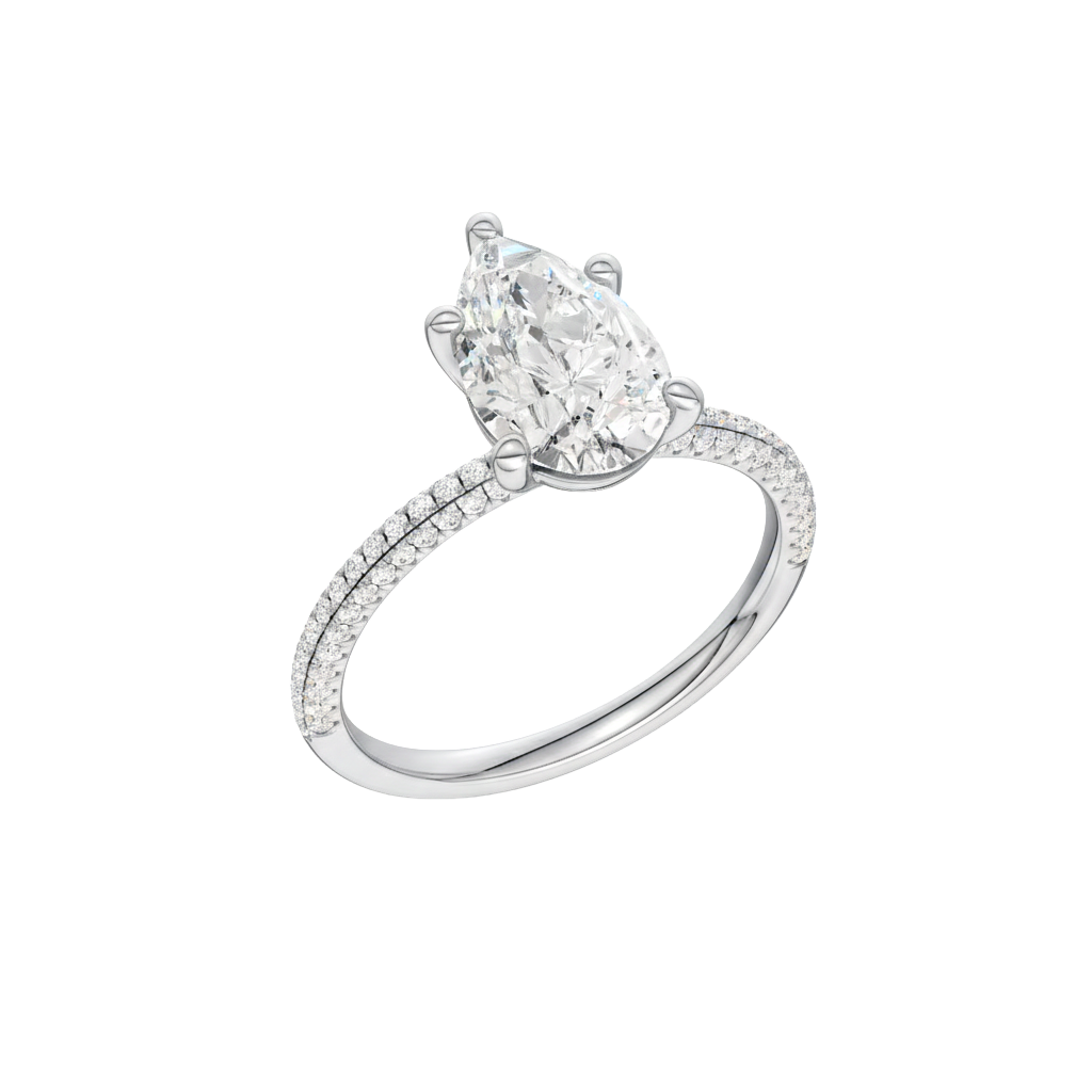 A three-quarter view of the Pear cut diamond engagement ring in platinum with a pavé diamond band and cathedral setting
