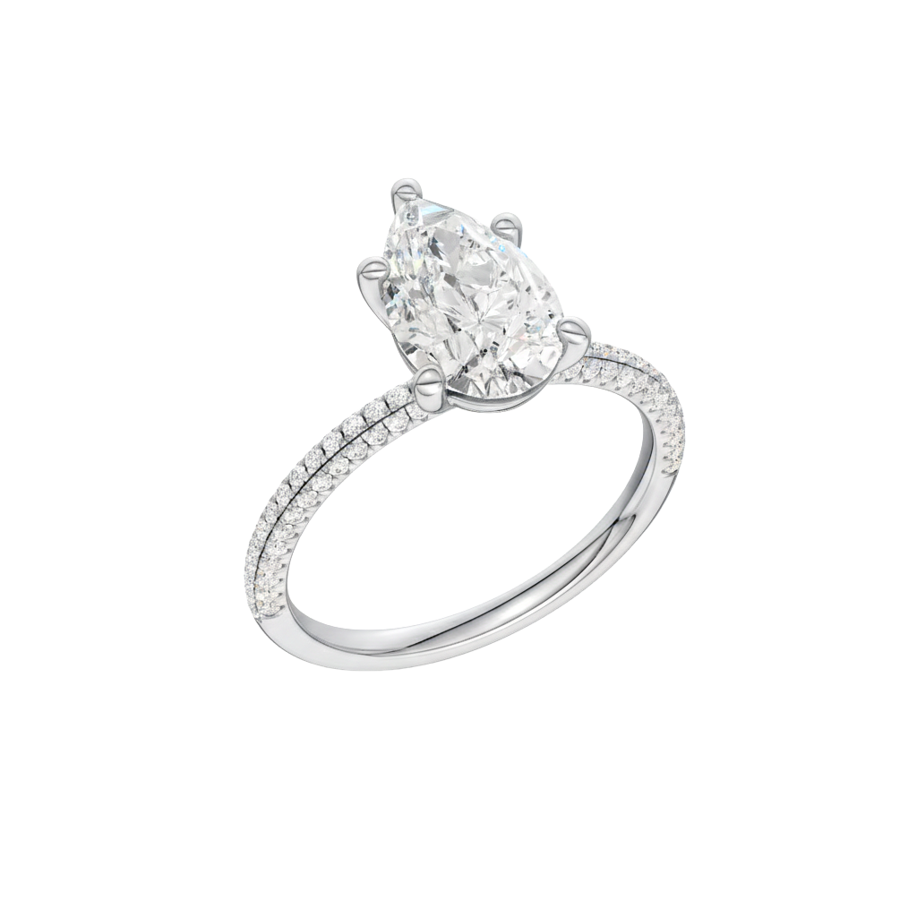 A three-quarter view of the Pear cut diamond engagement ring in 14k white gold with a pavé diamond band and cathedral setting