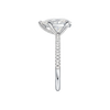 A side view of the Pear cut diamond engagement ring in 14k white gold with a pavé diamond band and cathedral setting