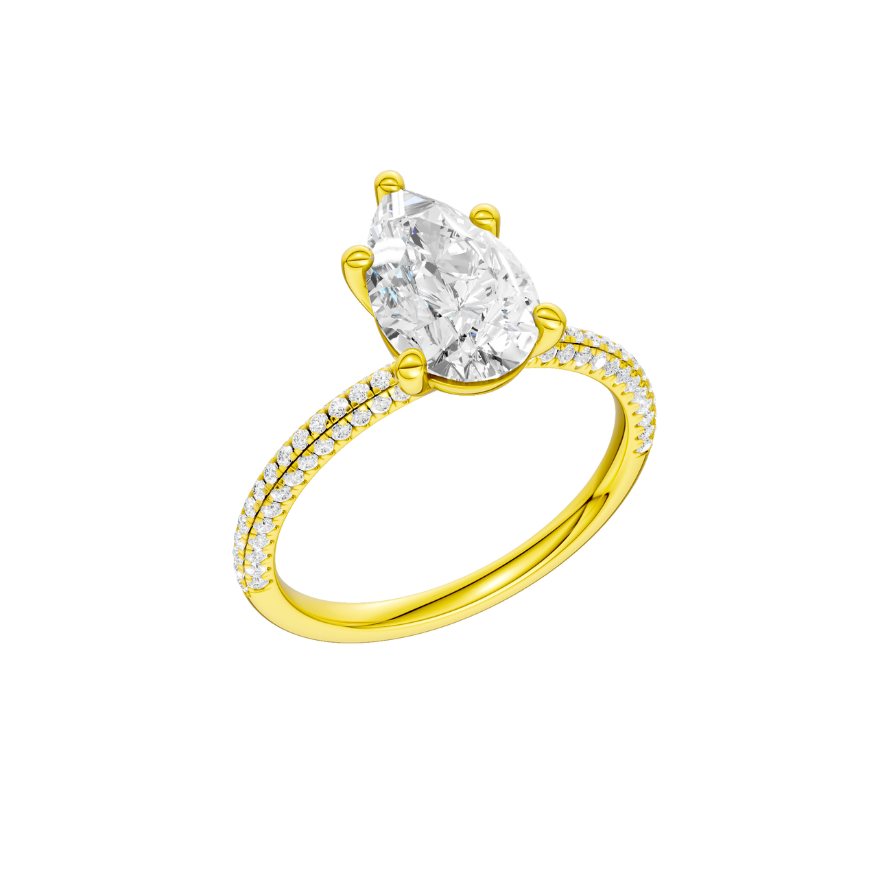A three-quarter view of the Pear cut diamond engagement ring in 14k yellow gold with a pavé diamond band and cathedral setting