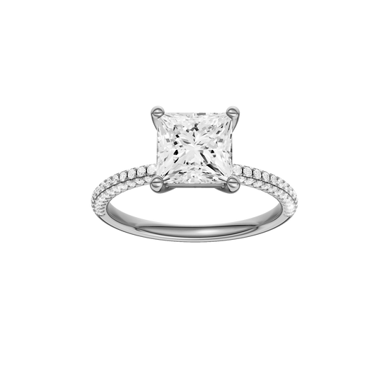 A front view of the Princess cut diamond engagement ring in platinum with a pavé diamond band and cathedral setting