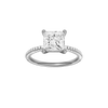 A front view of the Princess cut diamond engagement ring in 14k white gold with a pavé diamond band and cathedral setting