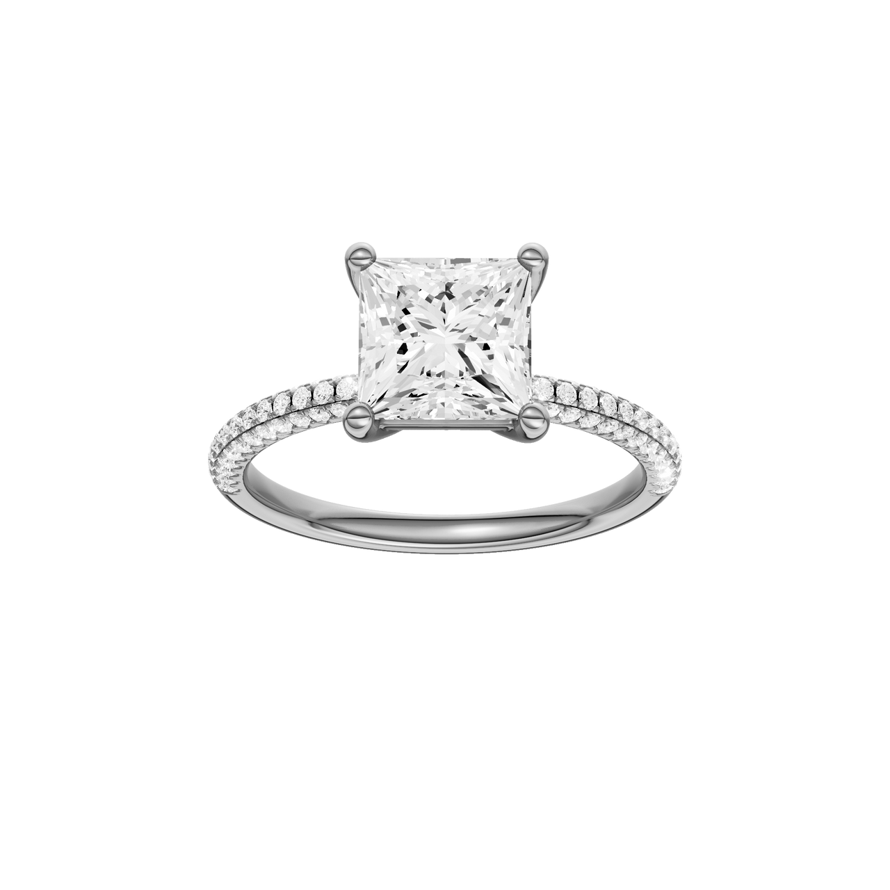 A front view of the Princess cut diamond engagement ring in 14k white gold with a pavé diamond band and cathedral setting