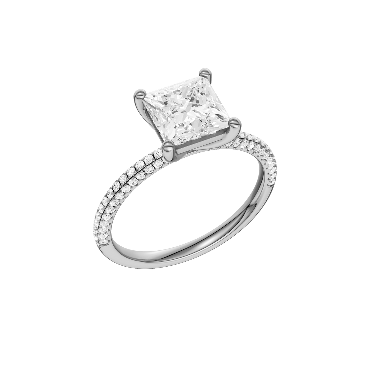 A three-quarter view of the Princess cut diamond engagement ring in 14k white gold with a pavé diamond band and cathedral setting
