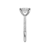 A side view of the Princess cut diamond engagement ring in platinum with a pavé diamond band and cathedral setting