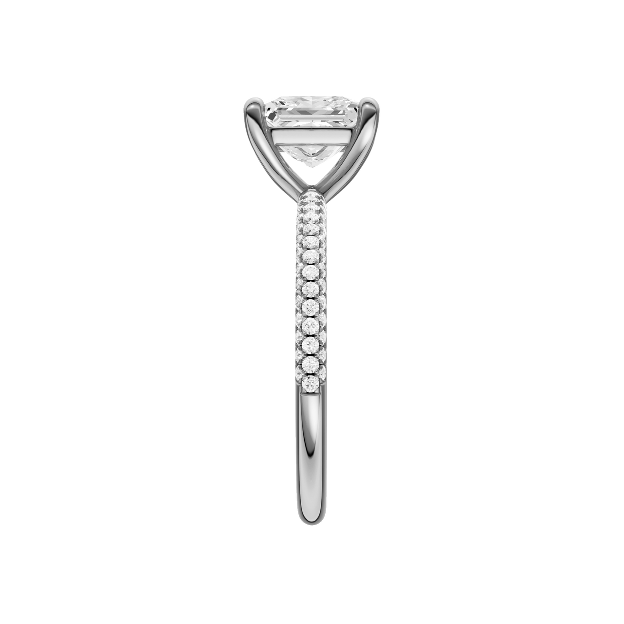 A side view of the Princess cut diamond engagement ring in 14k white gold with a pavé diamond band and cathedral setting