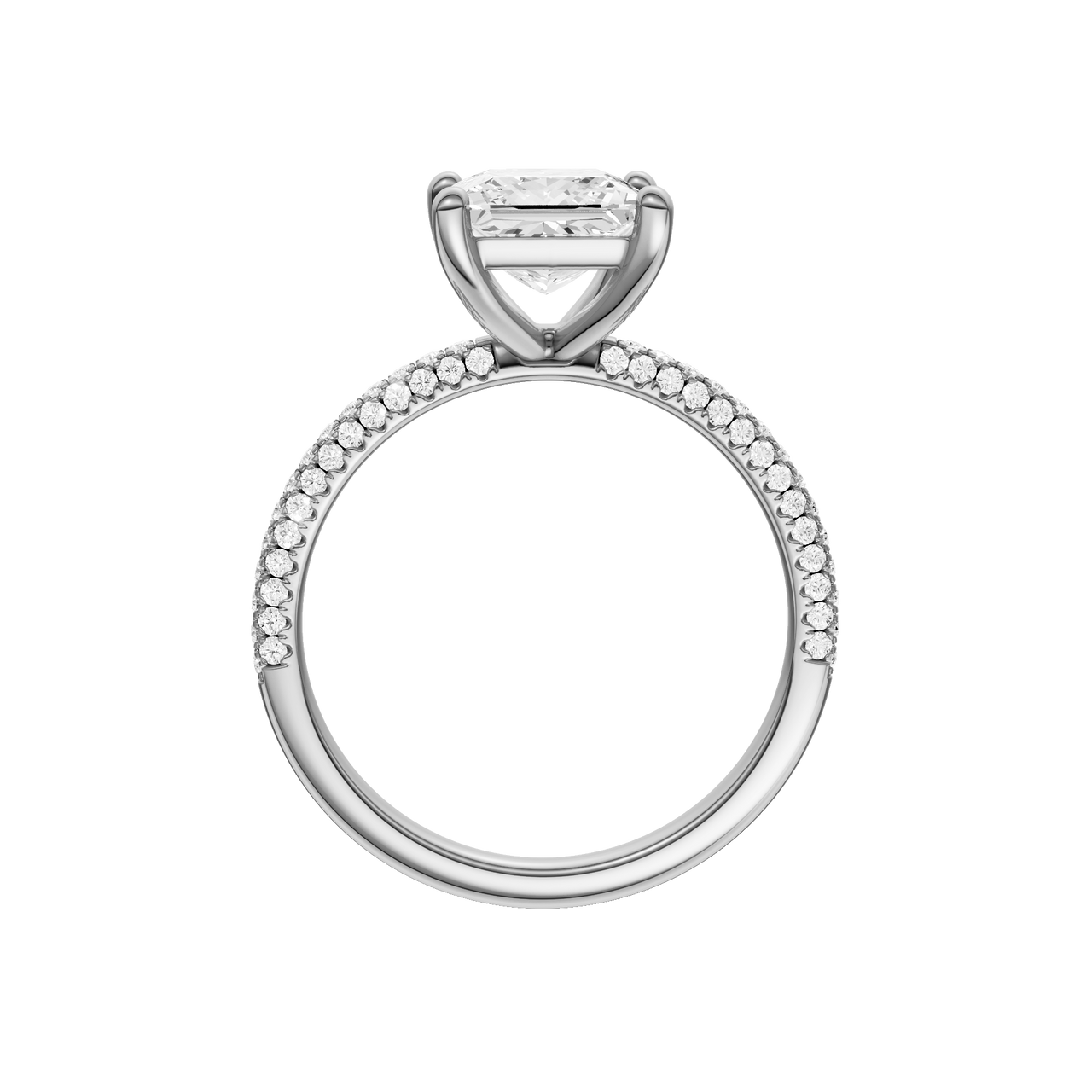 A profile view of the Princess cut diamond engagement ring in 14k white gold with a pavé diamond band and cathedral setting