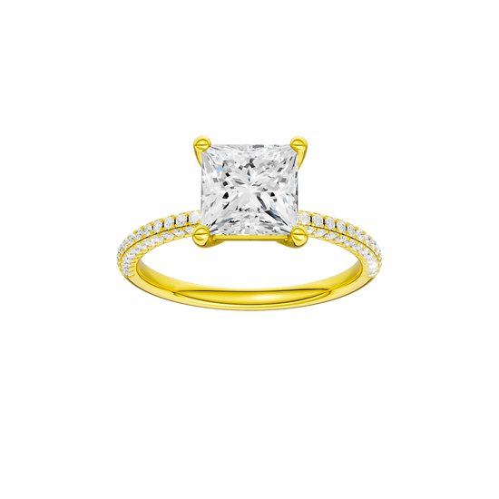A front view of the Princess cut diamond engagement ring in 14k yellow gold with a pavé diamond band and cathedral setting