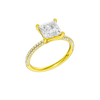A three-quarter view of the Princess cut diamond engagement ring in 14k yellow gold with a pavé diamond band and cathedral setting