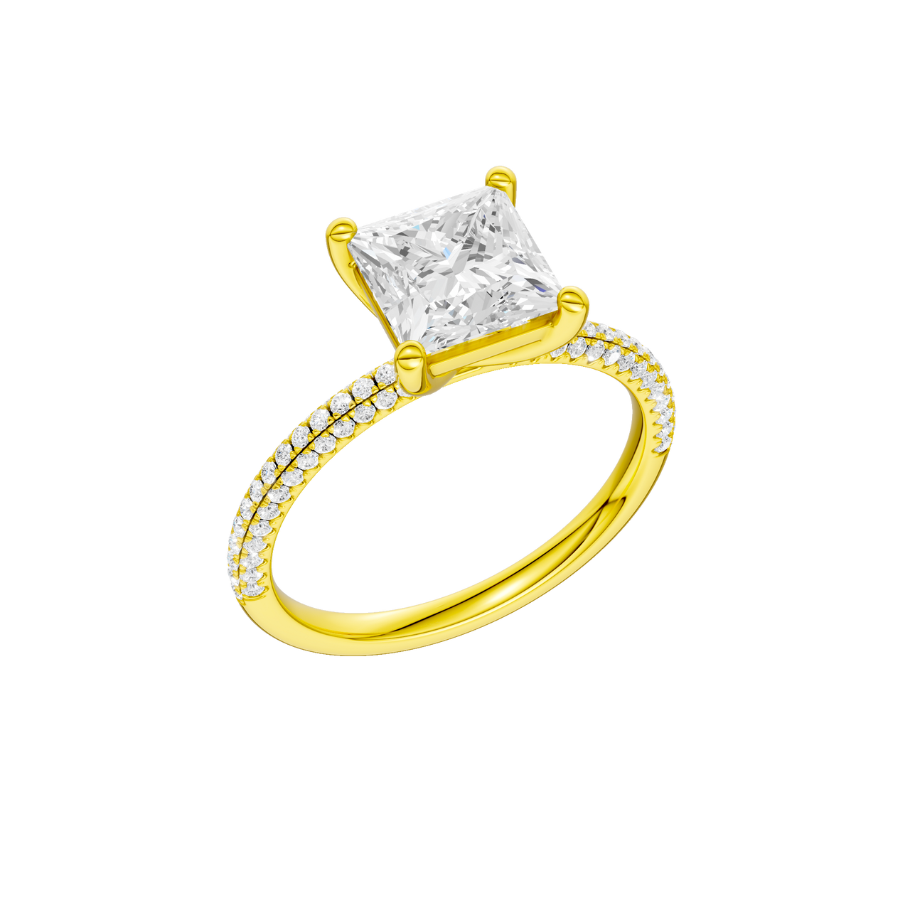 A three-quarter view of the Princess cut diamond engagement ring in 14k yellow gold with a pavé diamond band and cathedral setting
